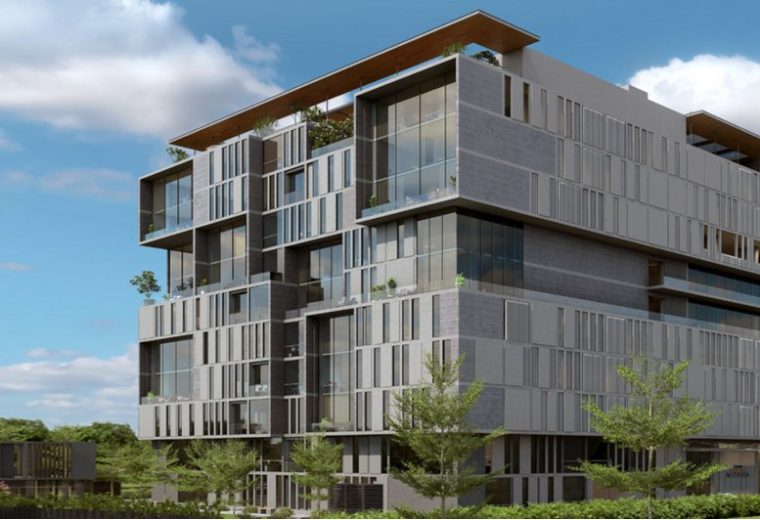 Exterior view of the modern geometric facade at Redbrick Offices, Rohan Mithila, Viman Nagar.