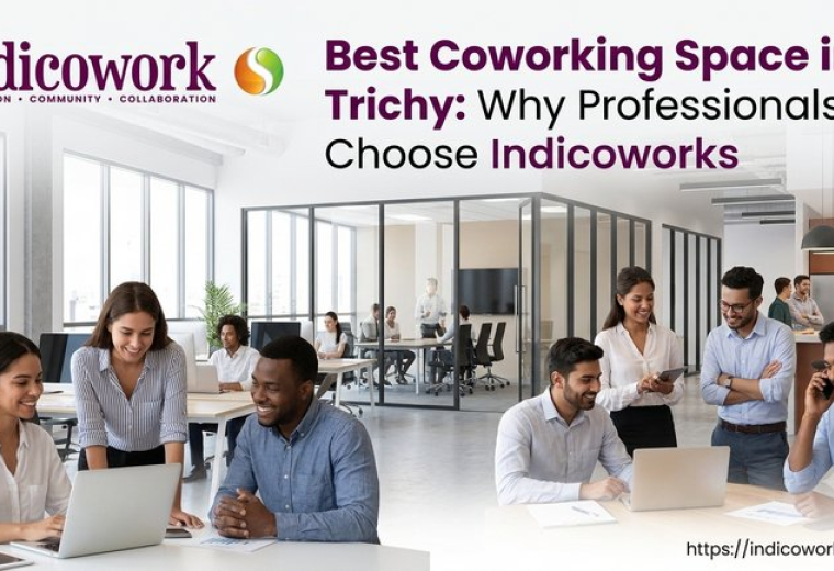 Promotional banner for Indicoworks in thillai showing a bright, open-plan coworking space with professionals working.