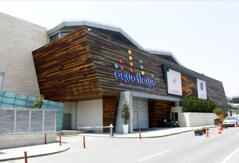 Exterior view of the wooden and glass facade at Aqua Florya in Istanbul.