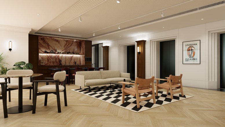 Spacious communal lounge at 10/F, 9, Queen's Road Central, Hong Kong with stylish seating and marble feature wall.