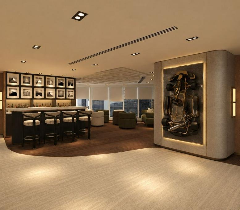 Spacious lounge at Tower One, Lippo Centre featuring a bar with stool seating and a racing-themed feature wall.