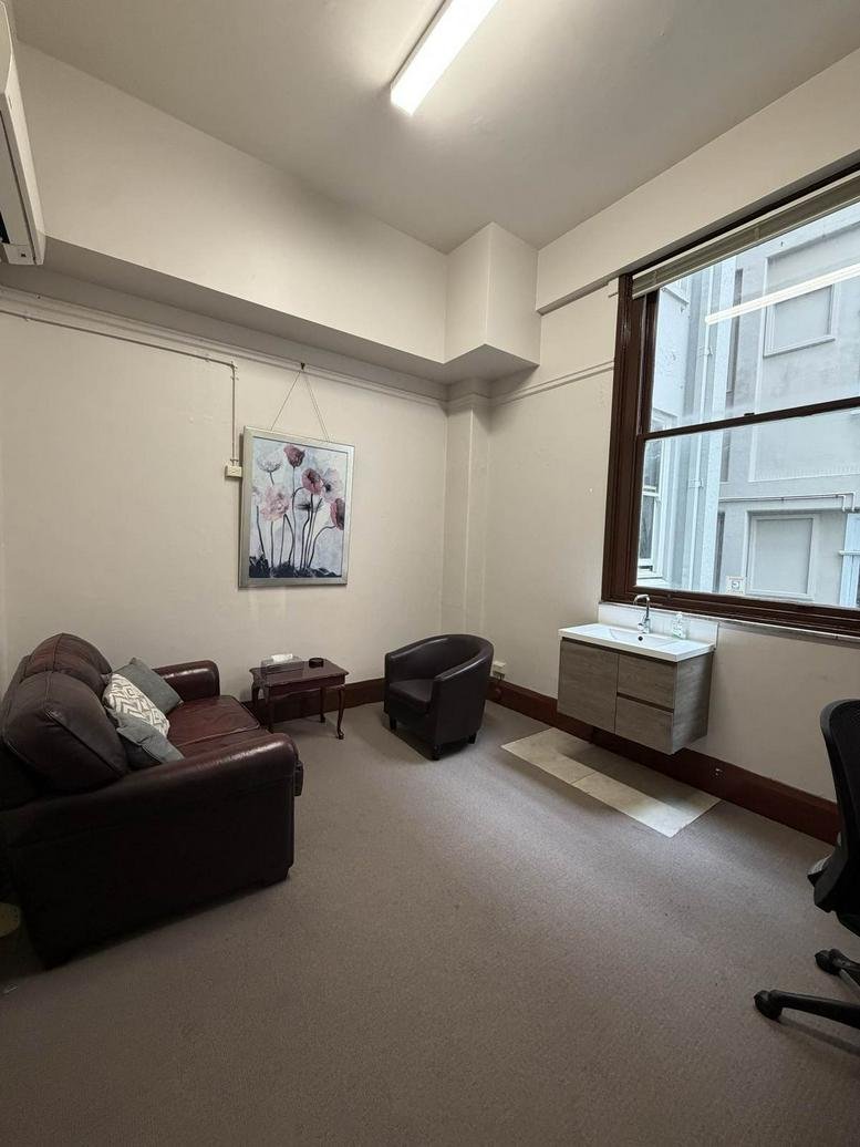 Private office at 17, Bolton Street, Level 2, Suite 209 featuring a leather sofa, armchair, and vanity unit.