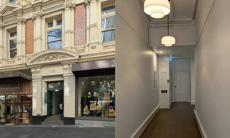 Exterior view of the ornate heritage stone facade at 178, Collins Street,, Melbourne.
