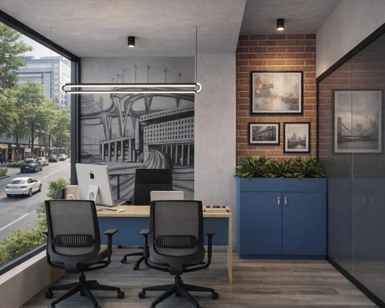 Private office at 1st Floor, 4 adinath Colony, Fatehpura-Syphon Road featuring a city view mural and brick accent wall.