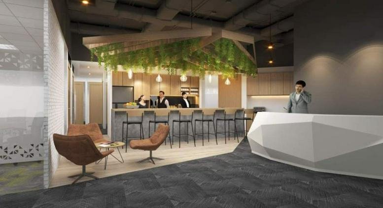 Modern reception desk and lounge at 20, Cecil Street, Level 22 PLUS Building with hanging greenery.
