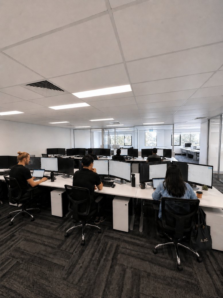 Spacious open-plan office at 222, Main Street, Osborne Park with rows of white desks and modern task chairs.