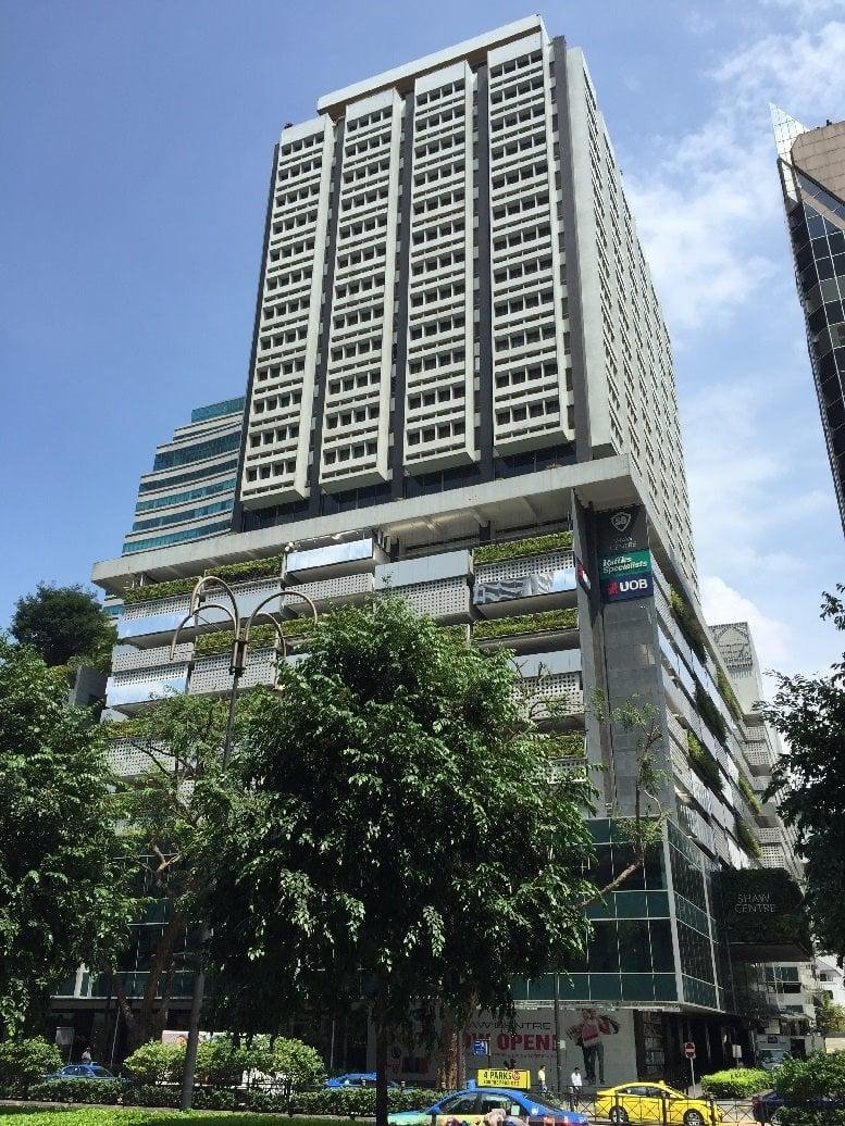 Exterior view of the high-rise Shaw Centre building at 1 Scotts Road.