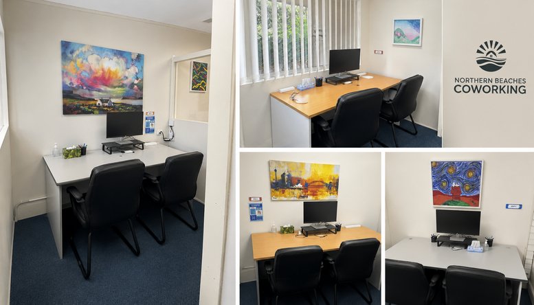 Collage of four private office suites at 25, Ralston Avenue featuring desks, monitors, and colourful wall art.