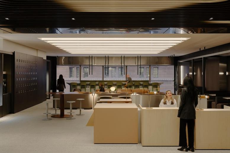 Elegant reception and common area with warm lighting at 39 Martin Place.