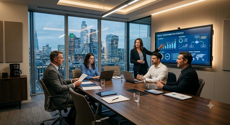 A professional boardroom at 425, Smith Street with city views and people in a meeting.