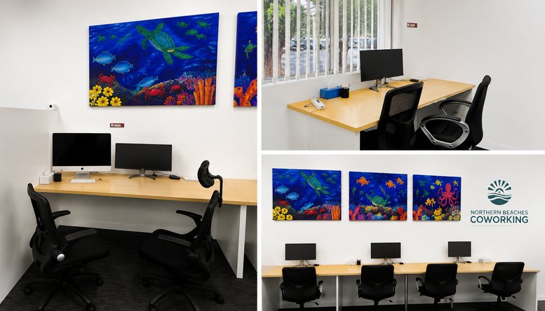 Workspace at 61, The Centre featuring colourful marine-themed wall art and multiple workstations.