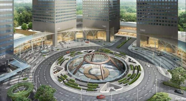 Aerial view of the Suntec Tower 1 complex and the Fountain of Wealth in Singapore.