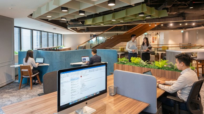 Spacious open-plan workspace at 9, Raffles Place Level 6, Republic Plaza with pods and greenery.