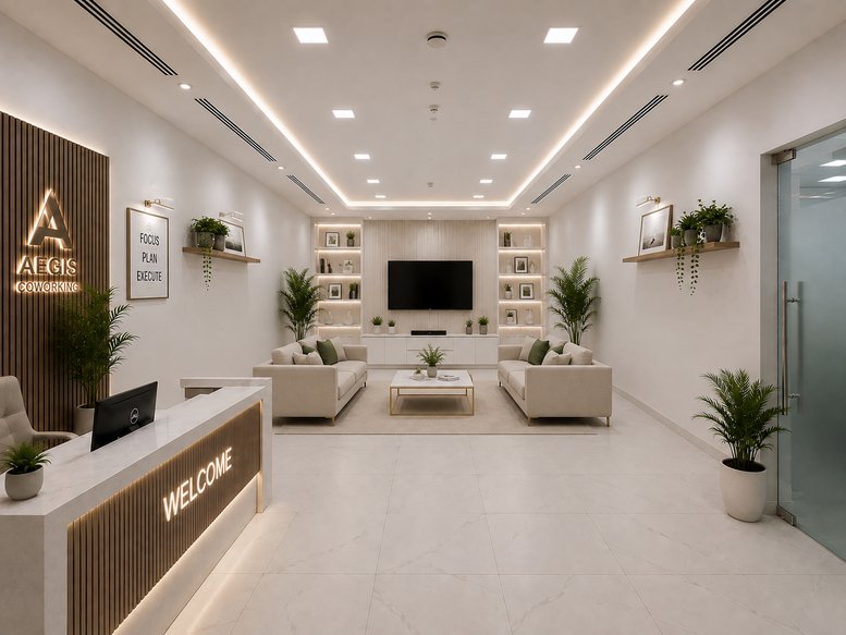 Spacious reception area at Addax Tower with a welcome desk, comfortable seating, and warm accent lighting.