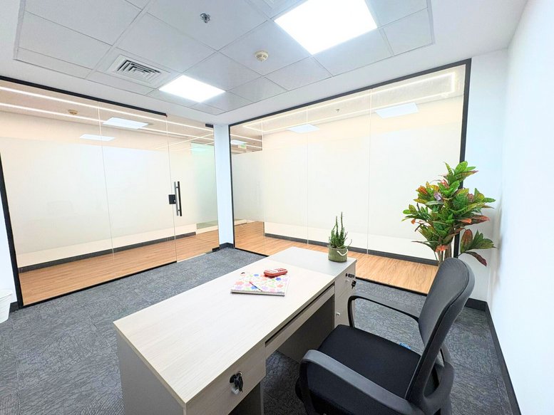 Bright private office suite at Al Jazeera Tower Building, 186, Street 836 featuring a desk and green plant.