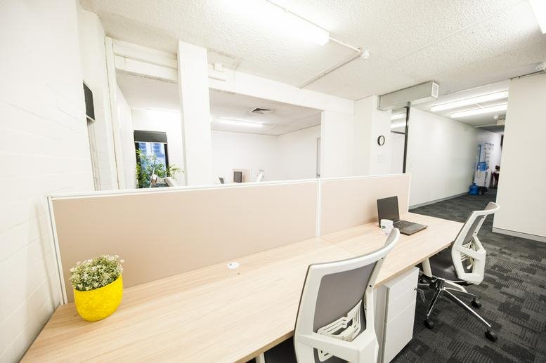 Bright open-plan workspace at 1/896 Canning Highway, Applecross featuring light wood desks and a yellow plant pot.