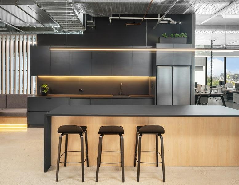 Modern kitchen and break area at Level 4th, 11-13 Wilson Street, Melbourne, Victoria.
