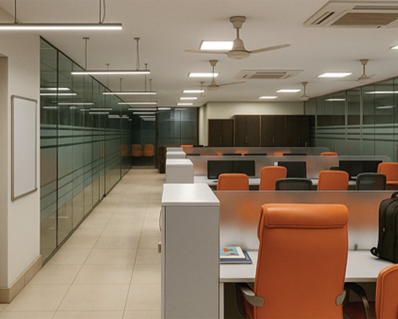 Spacious open-plan workspace at 127/T/25, Vinobha Nagar, Kidwai Nagar, Kanpur with orange chairs and glass partitions.