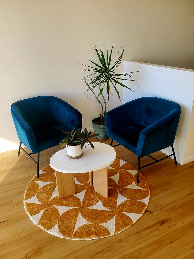 Bright breakout area at 2/10 Towers Drive with blue velvet armchairs and a geometric rug.