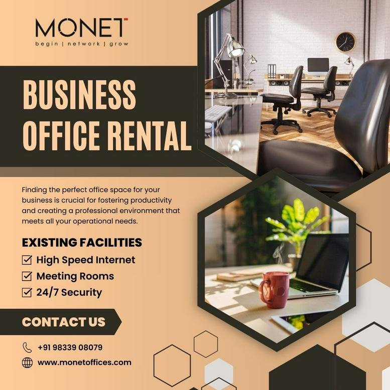 Marketing graphic for Monet office rental at 203, Sector 1, Millenium business park featuring modern workstations.