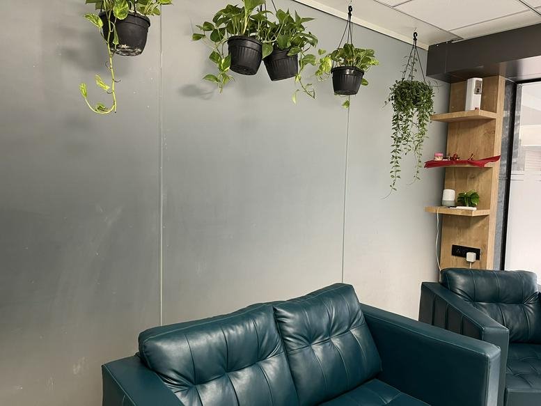Lounge area at 252, Avadh Arena, VIP Road, Surat featuring teal leather sofas and hanging plants.