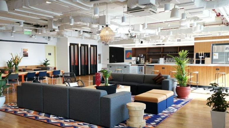 Spacious lounge area with gray sectional sofas, colorful rugs, and potted plants.