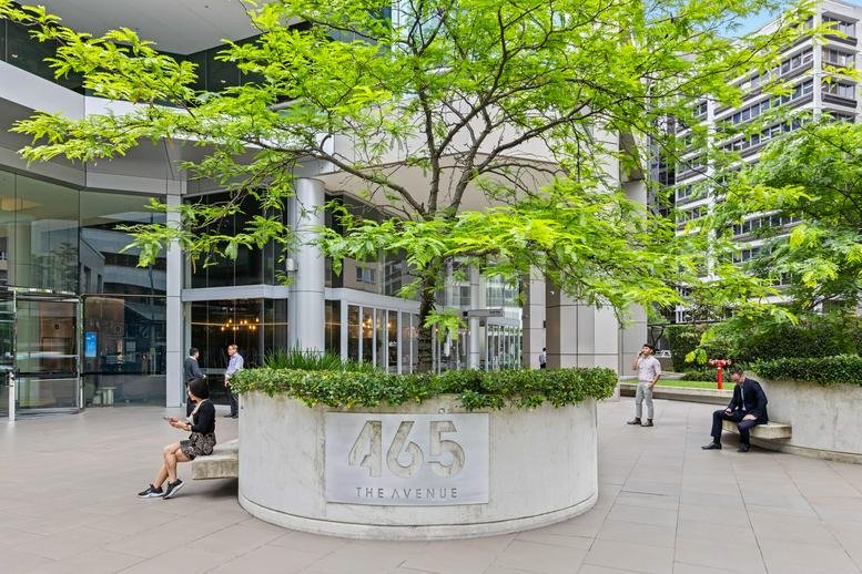 Street-level entrance of 465 Victoria Avenue featuring a large planter with a green tree.