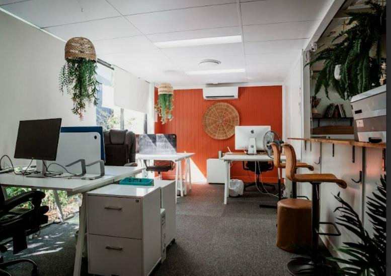 Open-plan office with multiple workstations, indoor plants, and a vibrant orange feature wall.