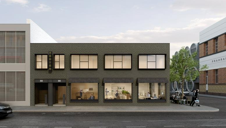 Exterior view of the olive-toned boutique office building at 88 High Street, Windsor, Melbourne, Victoria.