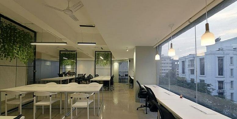 Spacious communal coworking area with floor-to-ceiling windows and hanging plants.