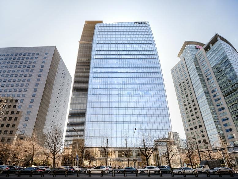 Exterior view of the glass-facade Concordian building in Jongno-gu, Seoul.