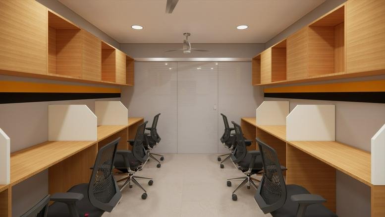 Symmetrical open-plan workspace at Grande Tower with dual rows of workstations and ergonomic chairs.