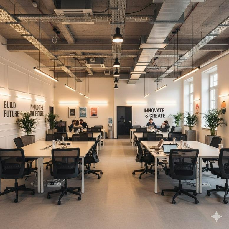 Spacious open-plan workspace at Plot No. D-C2, Lal Kothi Scheme, Tonk Road, featuring industrial ceilings and plants.