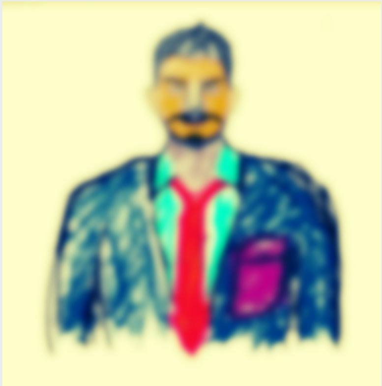 Stylized artistic portrait of a man in a suit and red tie, blurry digital painting style.