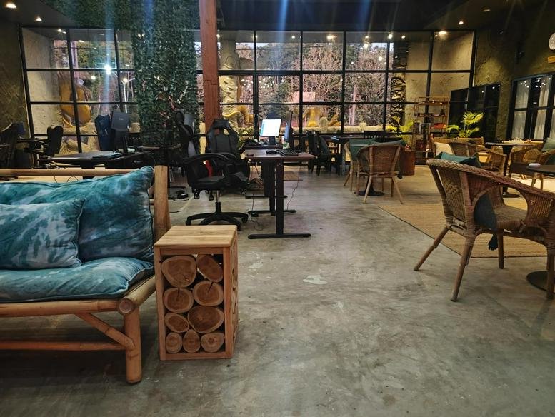 Spacious coworking area with bamboo furniture and floor-to-ceiling windows.