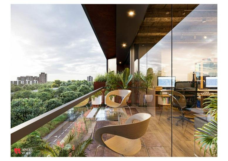 Lush outdoor balcony at Golden Plaza, 523, S. P Ring Road, Nikol with modern seating and city views.