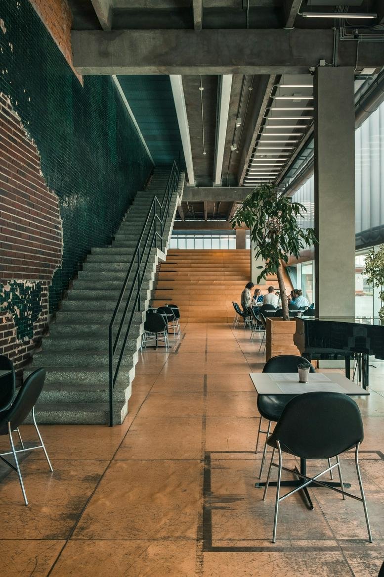 Spacious communal area with concrete stairs, wooden floors, and indoor plants.