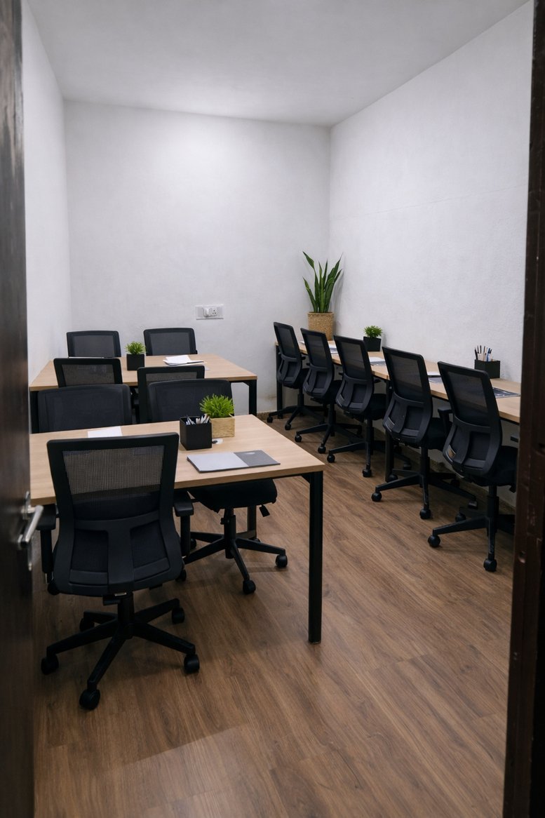 Workspaces at Leo Workspace, H. NO- 35, Khargapur, Gomti Nagar, featuring wooden floors and black mesh chairs.