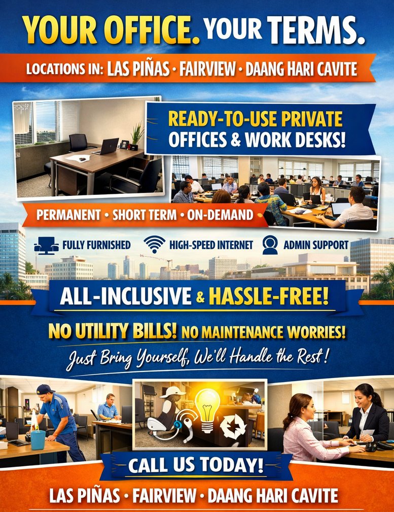 Promotional flyer for Fairview Terraces showcasing private offices and shared workspace options.