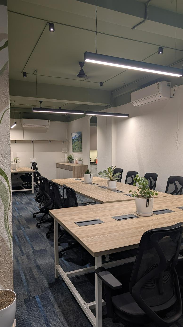 Spacious co-working area at ICICI Bank, 2nd Floor, Sai Enclave with wooden desks and indoor plants.