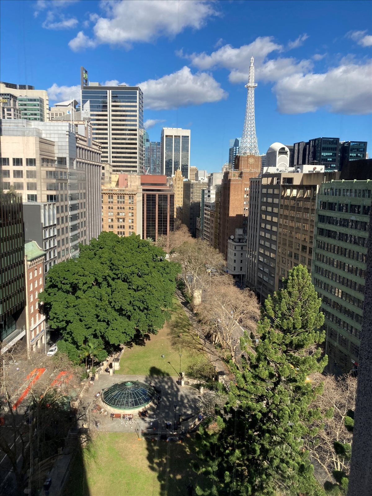 Aerial view of Wynyard Park and city skyscrapers from 50 Margaret Street, Level 13.