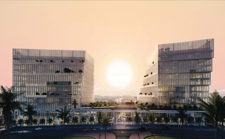 Exterior view of the twin glass towers at 1 Zarhin Street, Gav Yam, Ra’anana during sunset.