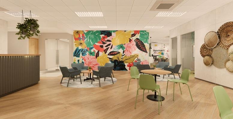 Stylish reception area at 9F Johndorf Tower with a vibrant floral mural and comfortable lounge seating.