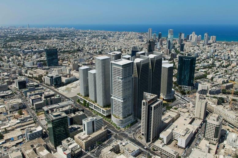 Aerial view of the modern skyscraper complex at ACRO Tel Aviv, 8 Yitzhak Sadeh Street.