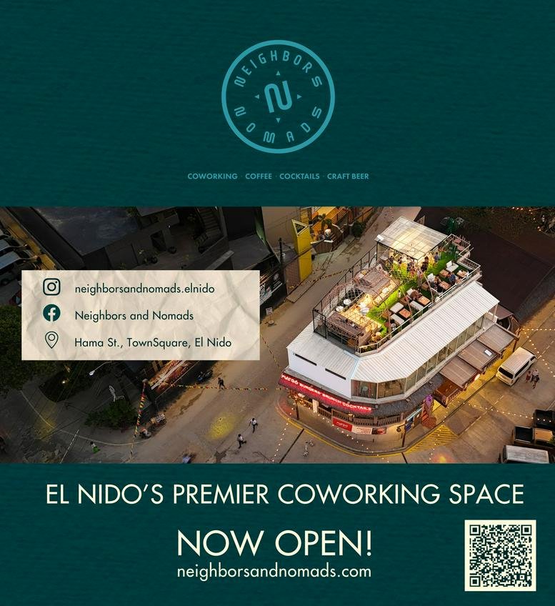Exterior view of the white building at Calle Hama, Townsquare, El Nido featuring a vibrant rooftop space.
