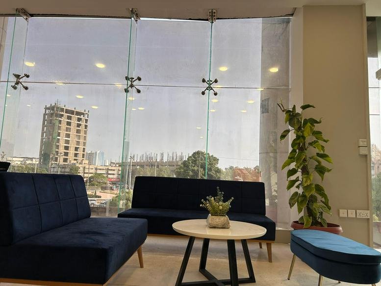 Inviting lounge area with navy blue sofas, a coffee table, and a large indoor plant.