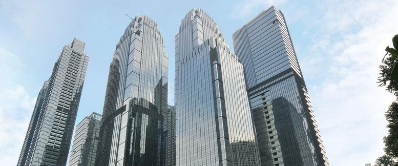 Exterior view of the modern glass skyscrapers at Prosperity Tower.