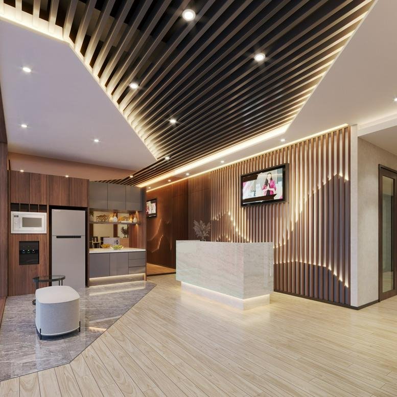 Reception area at Gold Coast Office Eiffel Tower featuring a sleek white desk and decorative wood-slat walls.