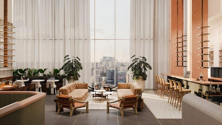 Spacious, sunlit lounge at Sky Tower, 35 HaMasger Street with high ceilings and city views through tall windows.