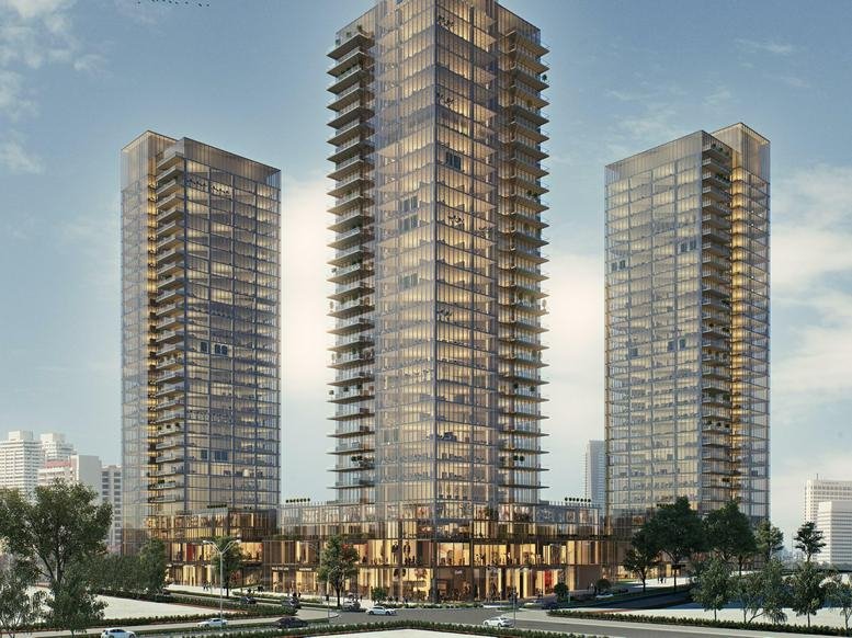 Exterior view of the three modern high-rise towers at Jabotinsky 2, Derech Yitshak Rabin, BSR CITY Petah Tikva.
